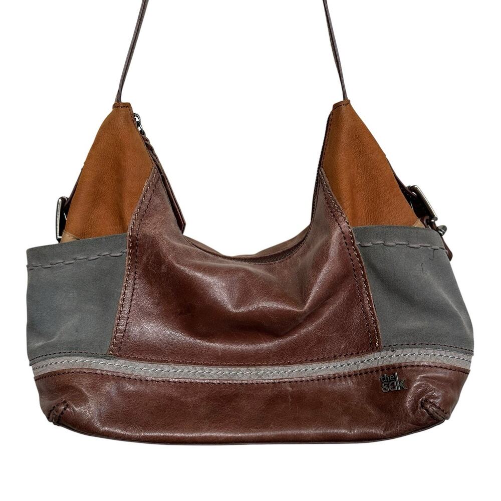 The Sak Orange Green Suede Brown Leather Patchwork Boho Shoulder Bag Purse
